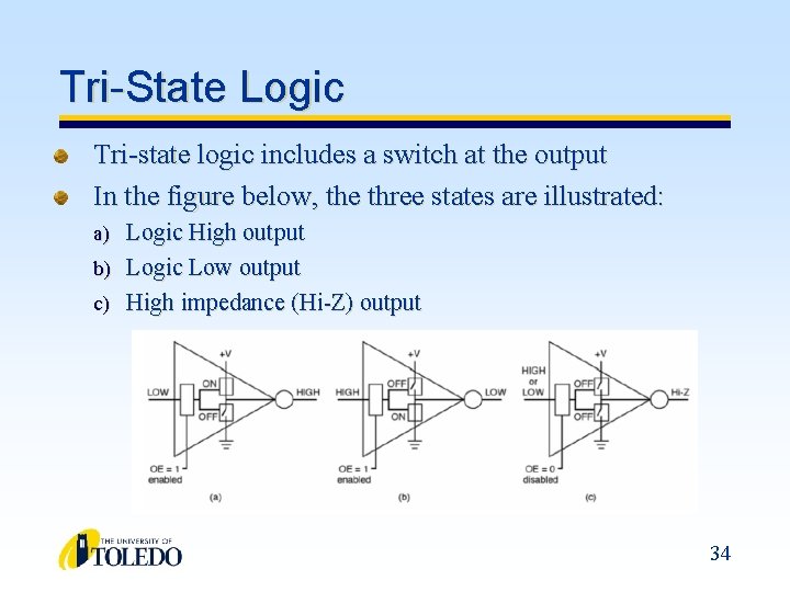 Tri-State Logic Tri-state logic includes a switch at the output In the figure below,