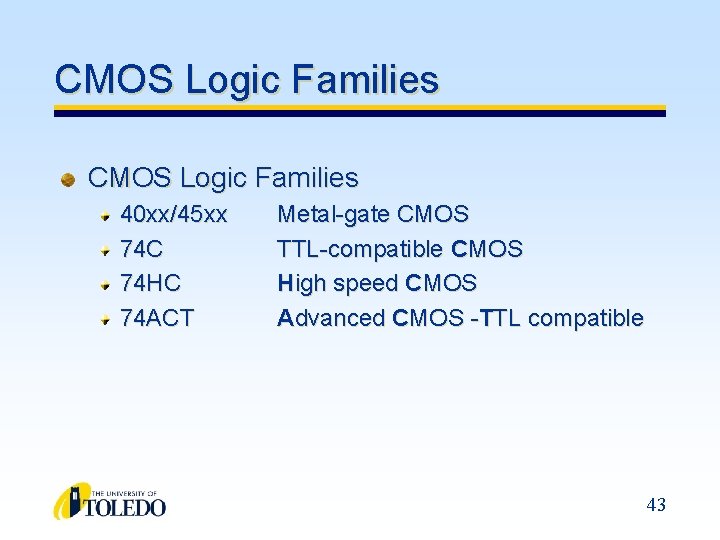 CMOS Logic Families 40 xx/45 xx 74 C 74 HC 74 ACT Metal-gate CMOS