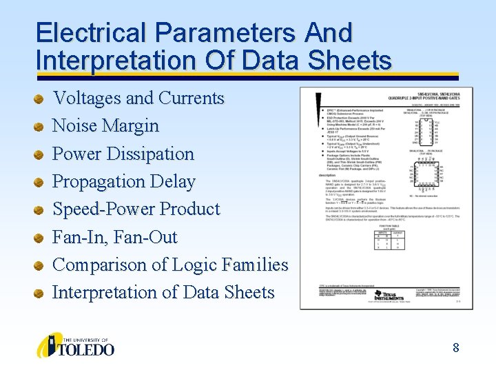 Electrical Parameters And Interpretation Of Data Sheets Voltages and Currents Noise Margin Power Dissipation