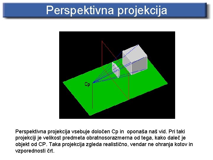 Perspektivna projekcija vsebuje določen Cp in oponaša naš vid. Pri taki projekciji je velikost