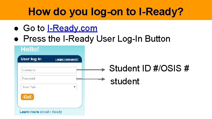 How do you log-on to I-Ready? ● Go to I-Ready. com ● Press the How do you log-on to I-Ready? ● Go to I-Ready. com ● Press the