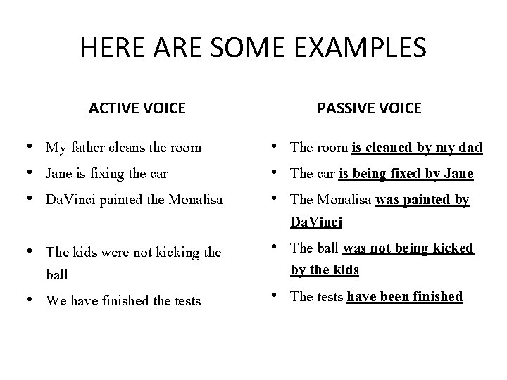 HERE ARE SOME EXAMPLES ACTIVE VOICE • My father cleans the room • Jane