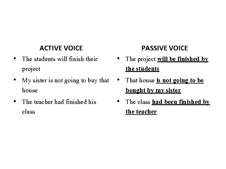 ACTIVE VOICE PASSIVE VOICE • The students will finish their • The project will