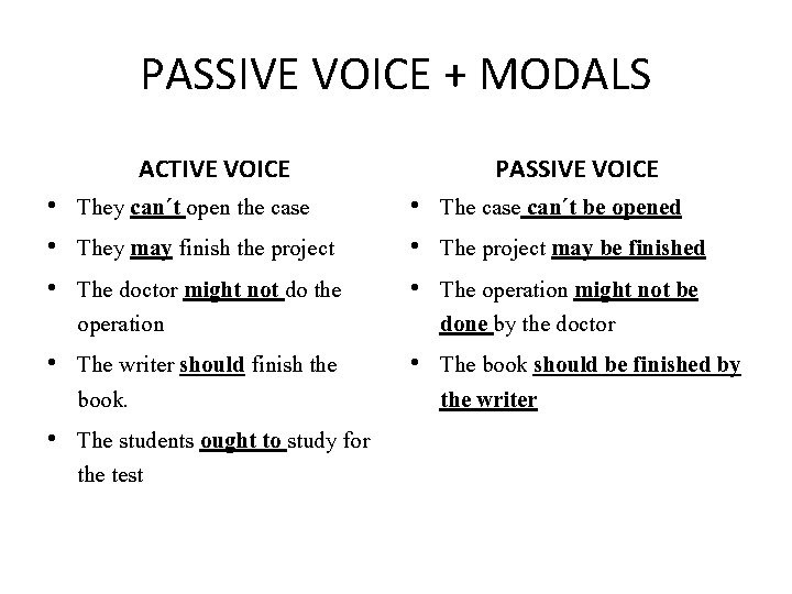 PASSIVE VOICE + MODALS ACTIVE VOICE PASSIVE VOICE • They can´t open the case