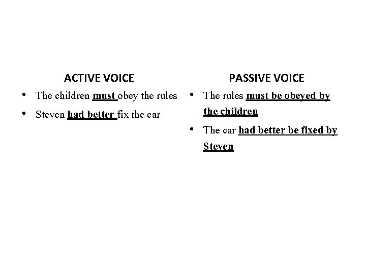 ACTIVE VOICE PASSIVE VOICE • The children must obey the rules • The rules