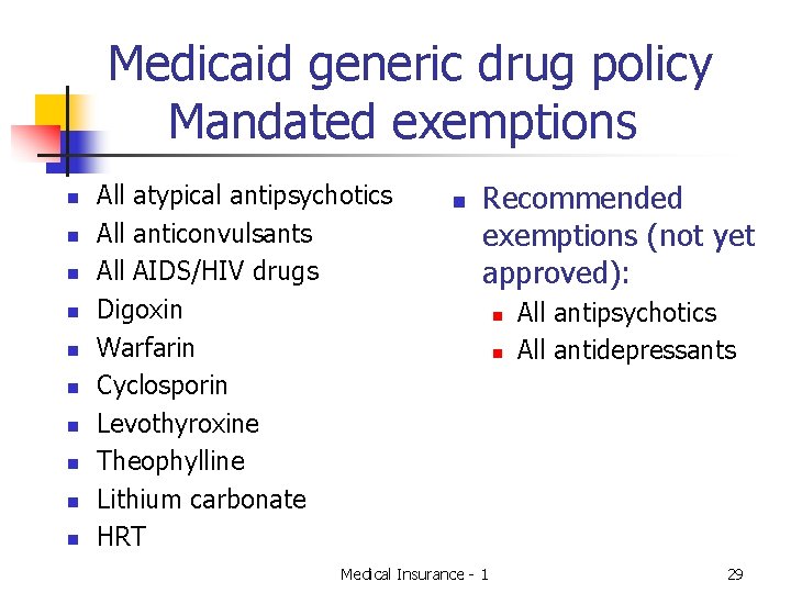 Medicaid generic drug policy Mandated exemptions n n n n n All atypical antipsychotics