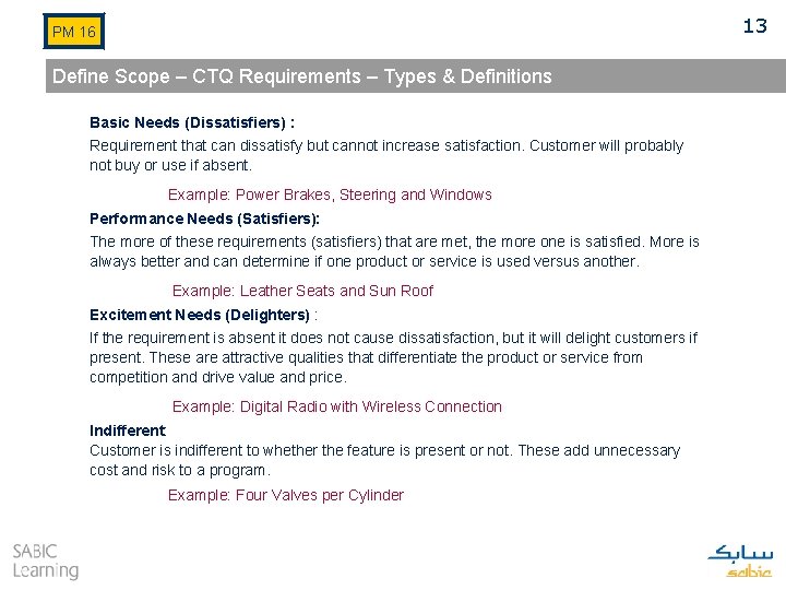 13 PM 16 Define Scope – CTQ Requirements – Types & Definitions Basic Needs