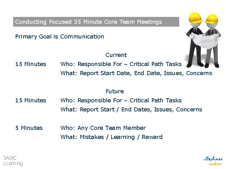 Conducting Focused 35 Minute Core Team Meetings Primary Goal is Communication Current 15 Minutes