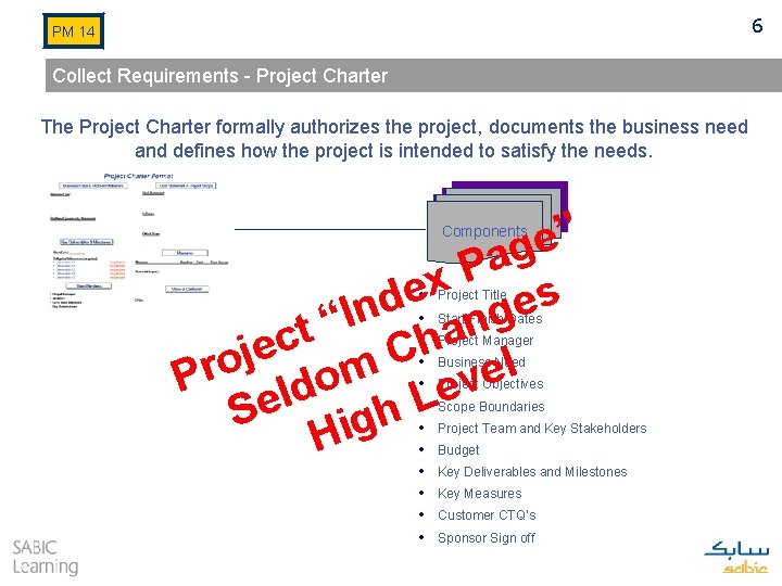 6 PM 14 Collect Requirements - Project Charter The Project Charter formally authorizes the