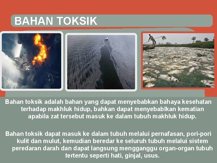 BAHAN TOKSIK Bahan toksik adalah bahan yang dapat menyebabkan bahaya kesehatan terhadap makhluk hidup,