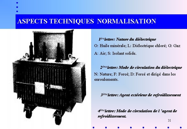 ASPECTS TECHNIQUES NORMALISATION 1érelettre: Nature du diélectrique O: Huile minérale; L: Diélectrique chloré; G: