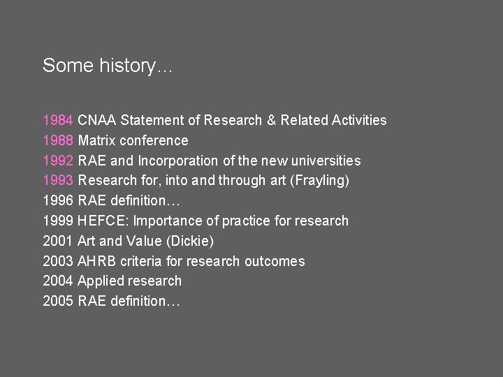 Some history… 1984 CNAA Statement of Research & Related Activities 1988 Matrix conference 1992 Some history… 1984 CNAA Statement of Research & Related Activities 1988 Matrix conference 1992