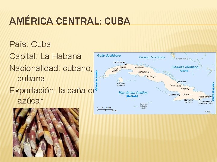 AMÉRICA CENTRAL: CUBA País: Cuba Capital: La Habana Nacionalidad: cubano, cubana Exportación: la caña