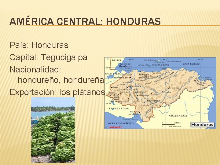 AMÉRICA CENTRAL: HONDURAS País: Honduras Capital: Tegucigalpa Nacionalidad: hondureño, hondureña Exportación: los plátanos 