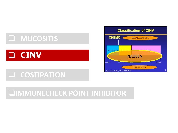 q MUCOSITIS q CINV q COSTIPATION q. IMMUNECHECK POINT INHIBITOR NAUSEA 