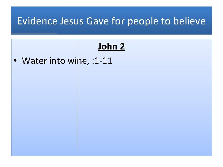 Evidence Jesus Gave for people to believe John 2 • Water into wine, :