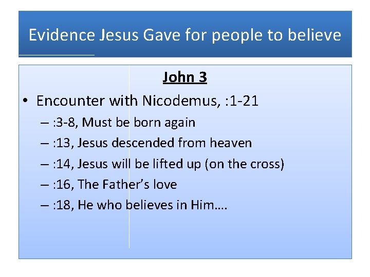 Evidence Jesus Gave for people to believe John 3 • Encounter with Nicodemus, :