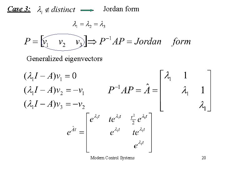 Case 3: Jordan form Generalized eigenvectors Modern Control Systems 20 Case 3: Jordan form Generalized eigenvectors Modern Control Systems 20