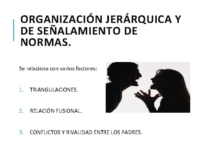 ORGANIZACIÓN JERÁRQUICA Y DE SEÑALAMIENTO DE NORMAS. Se relaciona con varios factores: 1. TRIANGULACIONES.