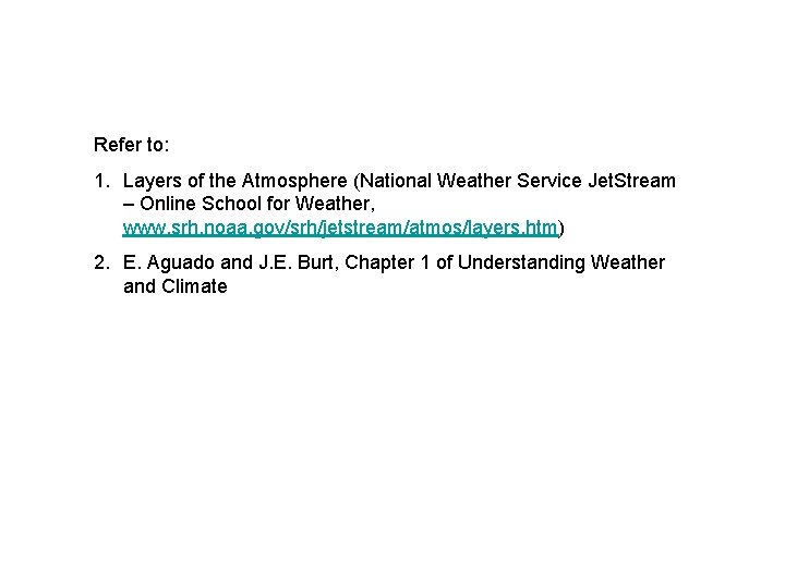 Refer to: 1. Layers of the Atmosphere (National Weather Service Jet. Stream – Online