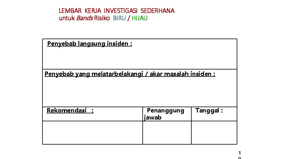 LEMBAR KERJA INVESTIGASI SEDERHANA untuk Bands Risiko BIRU / HIJAU Penyebab langsung insiden : LEMBAR KERJA INVESTIGASI SEDERHANA untuk Bands Risiko BIRU / HIJAU Penyebab langsung insiden :