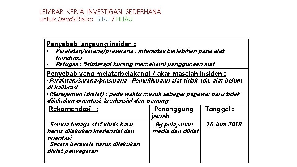 LEMBAR KERJA INVESTIGASI SEDERHANA untuk Bands Risiko BIRU / HIJAU Penyebab langsung insiden : LEMBAR KERJA INVESTIGASI SEDERHANA untuk Bands Risiko BIRU / HIJAU Penyebab langsung insiden :