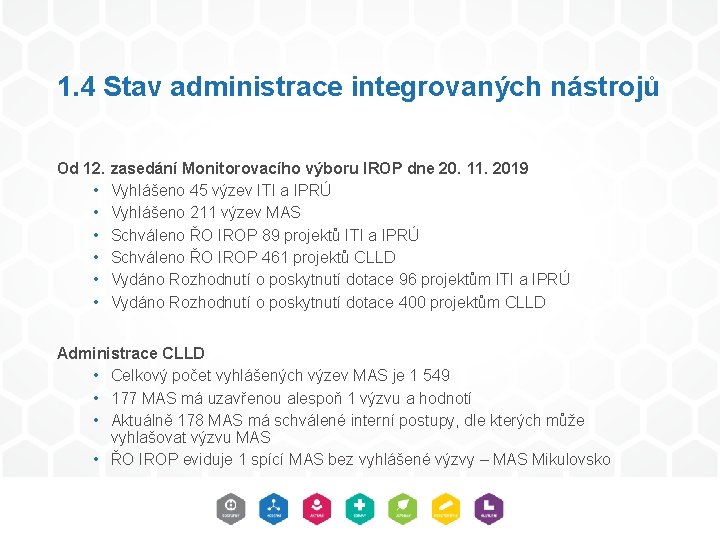 1. 4 Stav administrace integrovaných nástrojů Od 12. zasedání Monitorovacího výboru IROP dne 20.