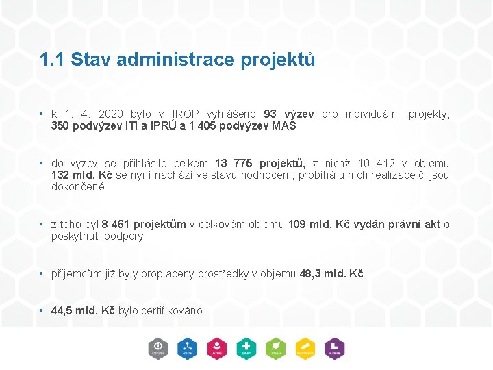 1. 1 Stav administrace projektů • k 1. 4. 2020 bylo v IROP vyhlášeno