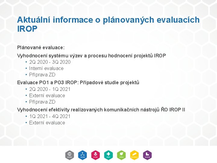 Aktuální informace o plánovaných evaluacích IROP Plánované evaluace: Vyhodnocení systému výzev a procesu hodnocení Aktuální informace o plánovaných evaluacích IROP Plánované evaluace: Vyhodnocení systému výzev a procesu hodnocení