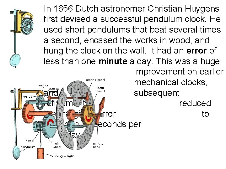 In 1656 Dutch astronomer Christian Huygens first devised a successful pendulum clock. He used In 1656 Dutch astronomer Christian Huygens first devised a successful pendulum clock. He used