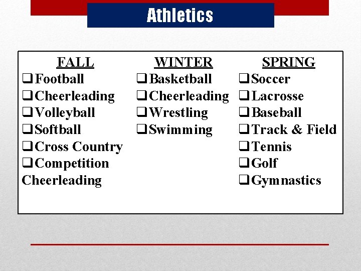 Athletics FALL q. Football q. Cheerleading q. Volleyball q. Softball q. Cross Country q.