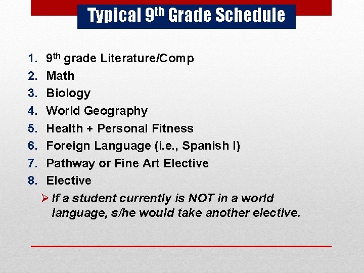 Typical 9 th Grade Schedule 1. 2. 3. 4. 5. 6. 7. 8. 9
