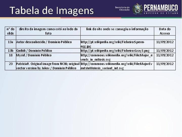 Tabela de Imagens n° do direito da imagem como está ao lado da link