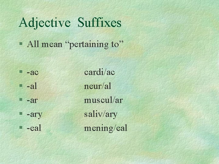Adjective Suffixes § All mean “pertaining to” § § § -ac -al -ary -eal