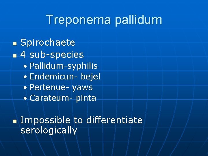 Treponema pallidum n n Spirochaete 4 sub-species • Pallidum-syphilis • Endemicun- bejel • Pertenue-