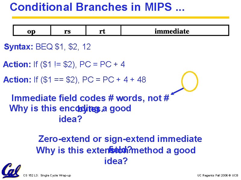 Conditional Branches in MIPS. . . Syntax: BEQ $1, $2, 12 Action: If ($1