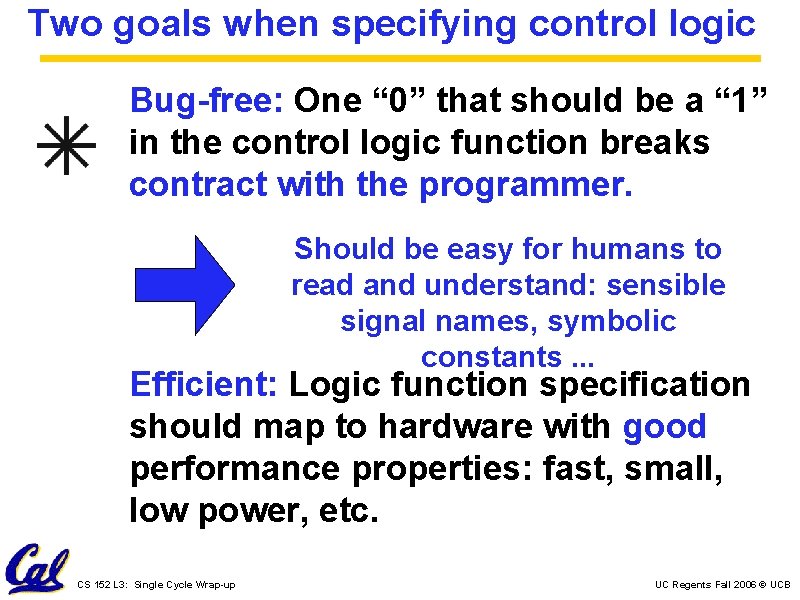 Two goals when specifying control logic Bug-free: One “ 0” that should be a