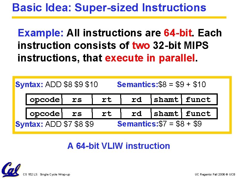 Basic Idea: Super-sized Instructions Example: All instructions are 64 -bit. Each instruction consists of