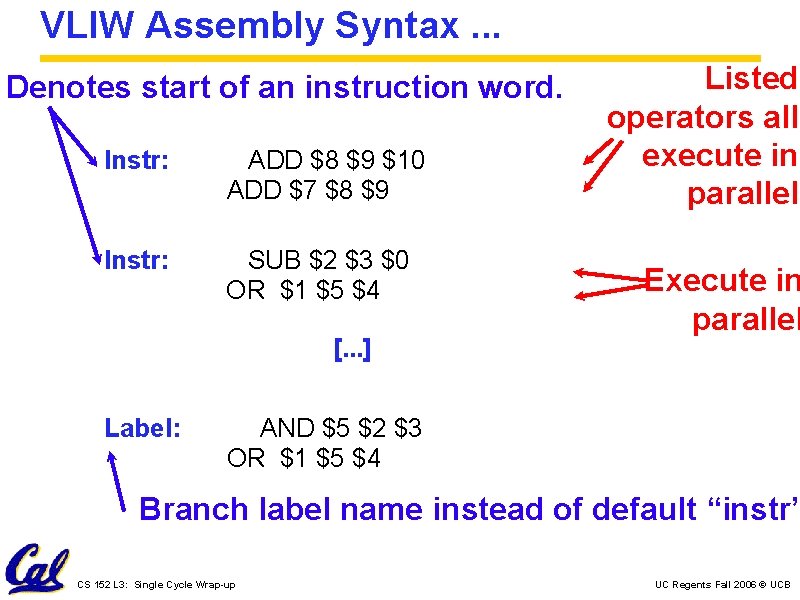 VLIW Assembly Syntax. . . Denotes start of an instruction word. Instr: ADD $8