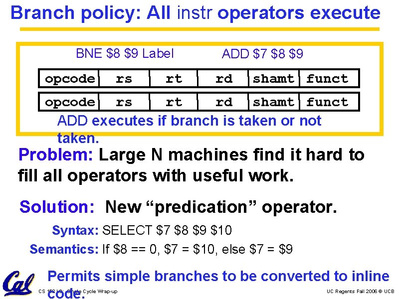Branch policy: All instr operators execute BNE $8 $9 Label opcode rs rt ADD