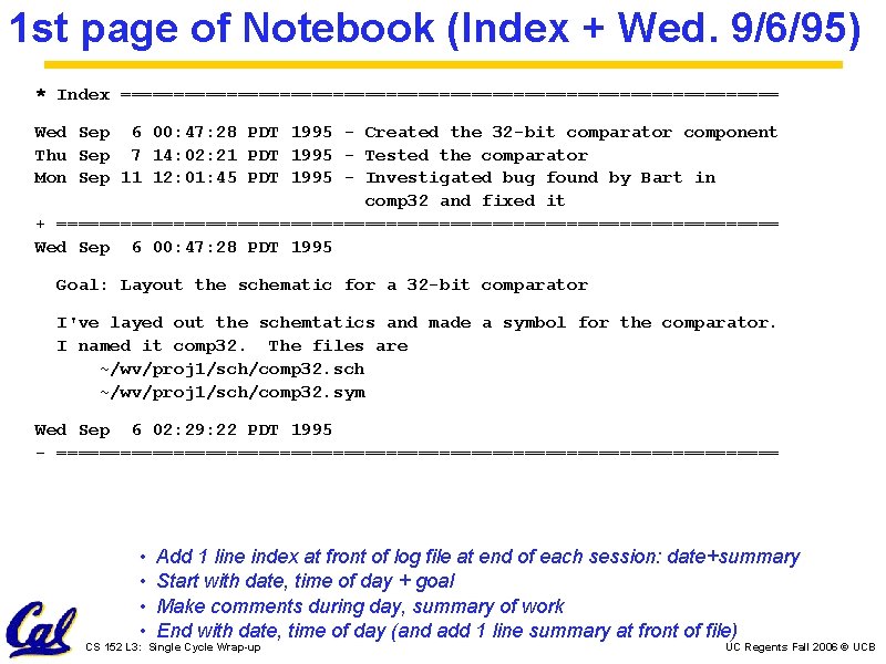 1 st page of Notebook (Index + Wed. 9/6/95) * Index =============================== Wed Sep