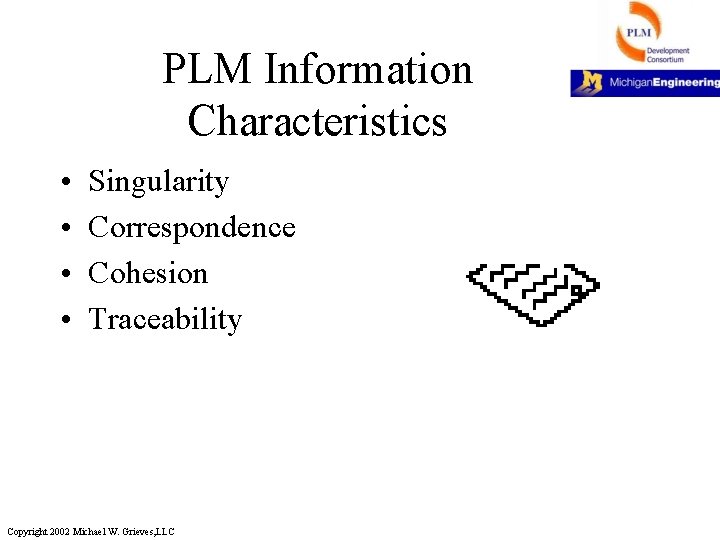 PLM Information Characteristics • • Singularity Correspondence Cohesion Traceability Copyright 2002 Michael W. Grieves,