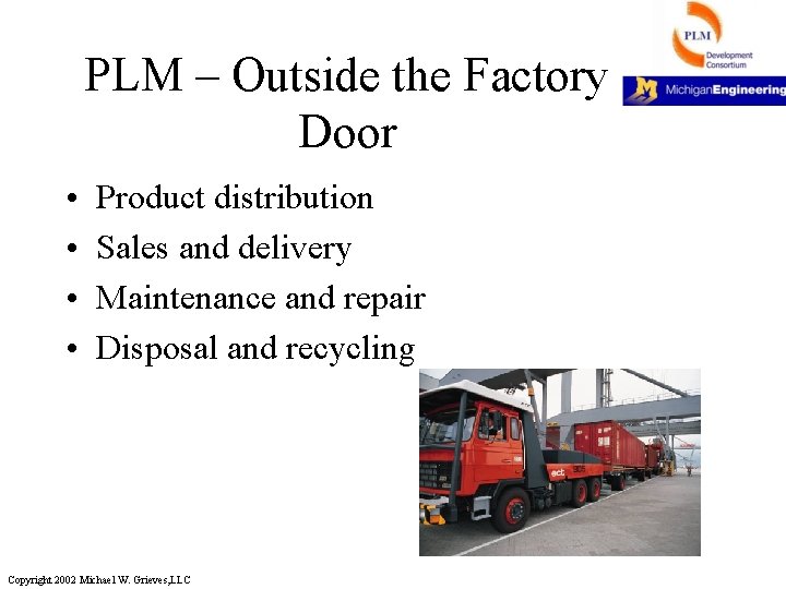 PLM – Outside the Factory Door • • Product distribution Sales and delivery Maintenance