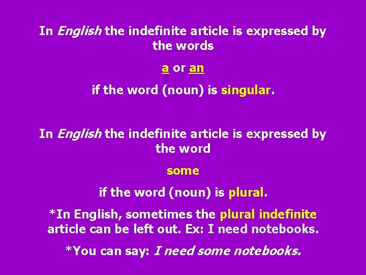 In English the indefinite article is expressed by the words a or an if