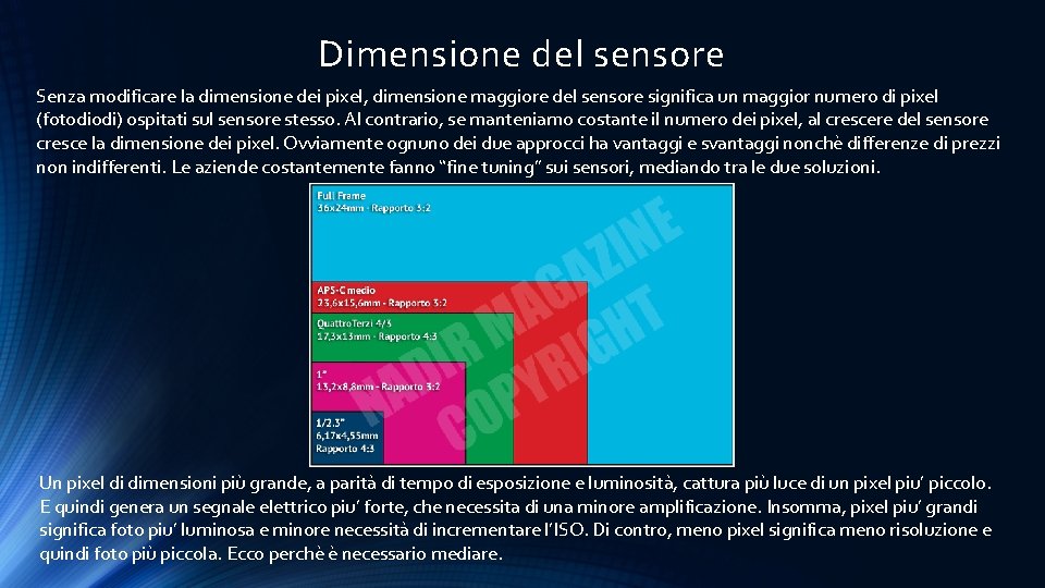 Dimensione del sensore Senza modificare la dimensione dei pixel, dimensione maggiore del sensore significa