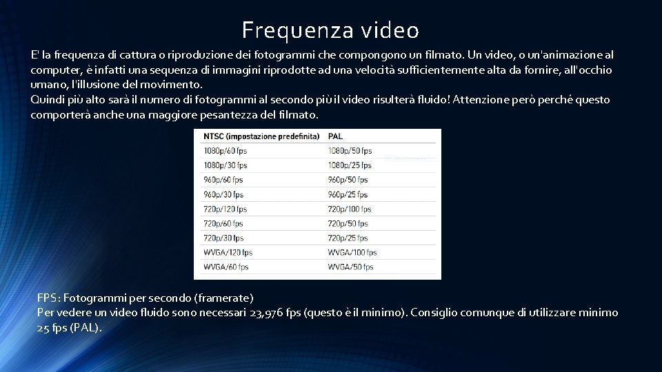 Frequenza video E' la frequenza di cattura o riproduzione dei fotogrammi che compongono un