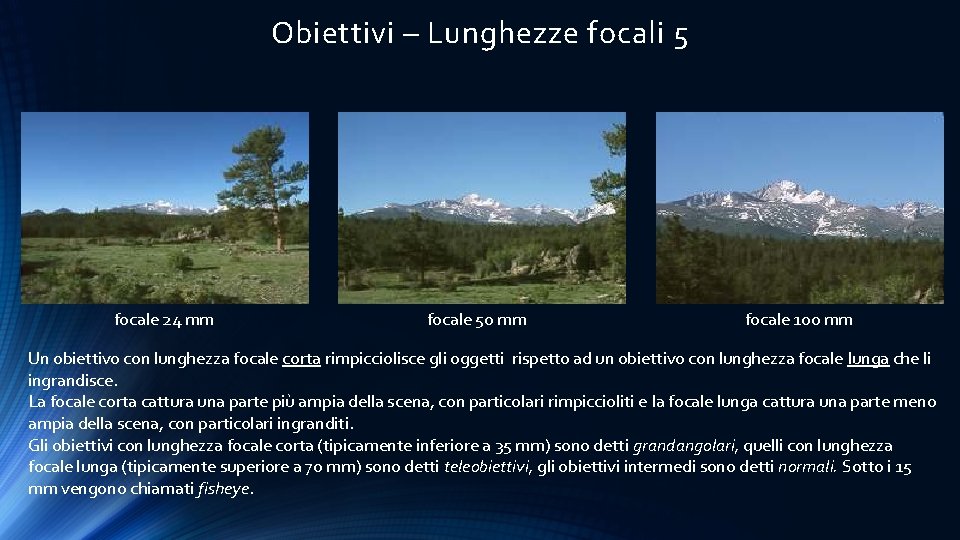 Obiettivi – Lunghezze focali 5 focale 24 mm focale 50 mm focale 100 mm