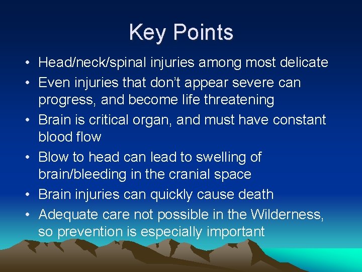 Key Points • Head/neck/spinal injuries among most delicate • Even injuries that don’t appear