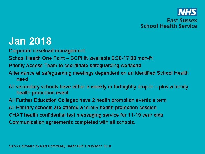 Jan 2018 Corporate caseload management. School Health One Point – SCPHN available 8: 30
