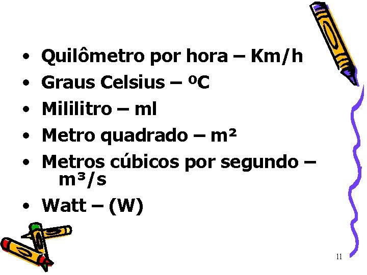 • Quilômetro por hora – Km/h • Graus Celsius – ºC • Mililitro • Quilômetro por hora – Km/h • Graus Celsius – ºC • Mililitro